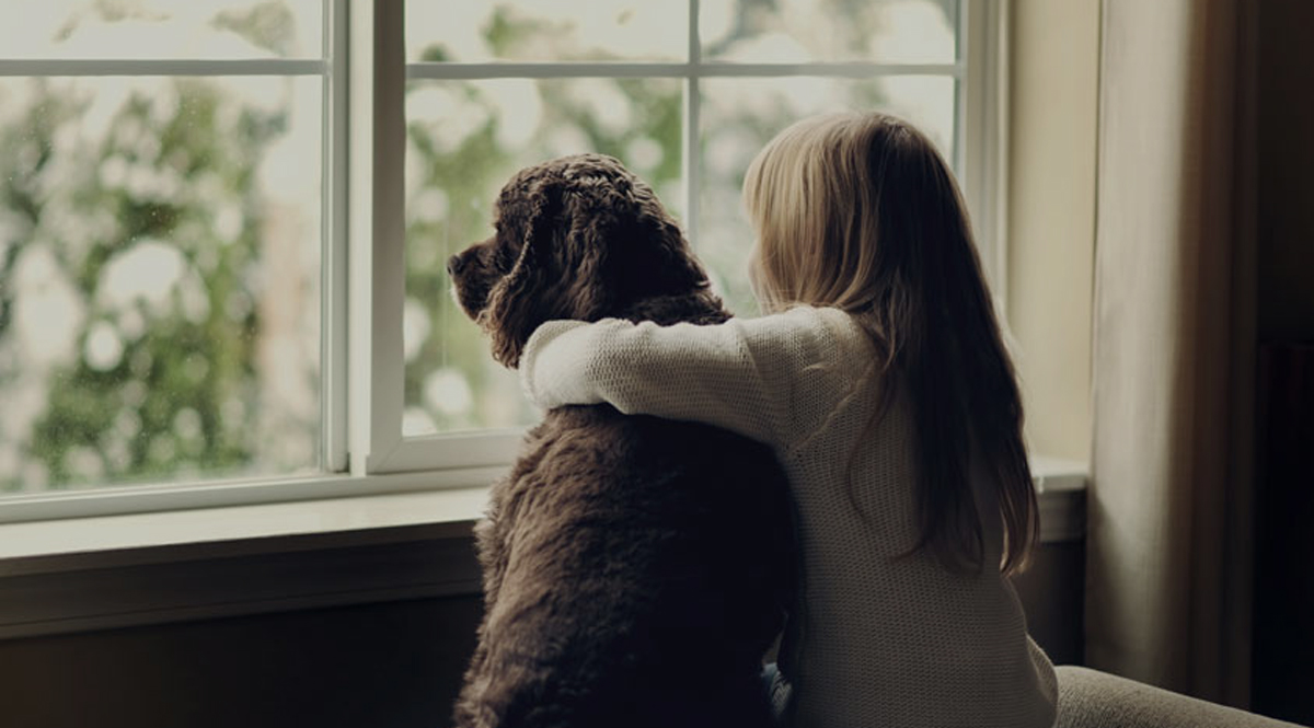 Little girl and her dog looking out the window