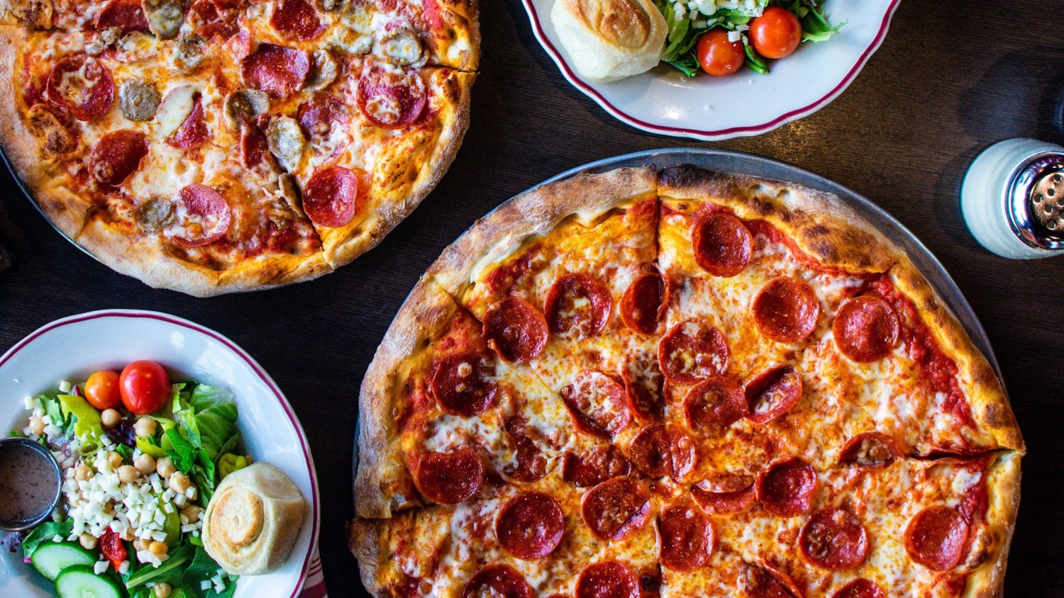 Pepperoni coal fired pizza and salads