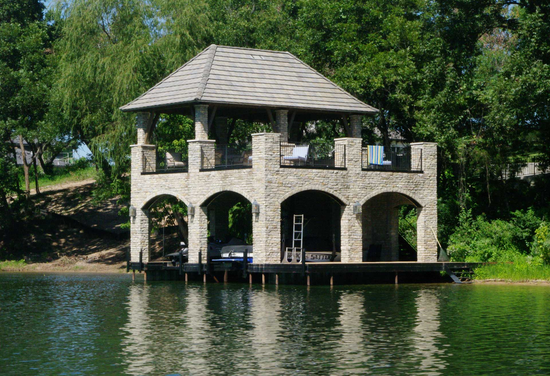 Newly constructed boat house and deck on Lake Travis Texas