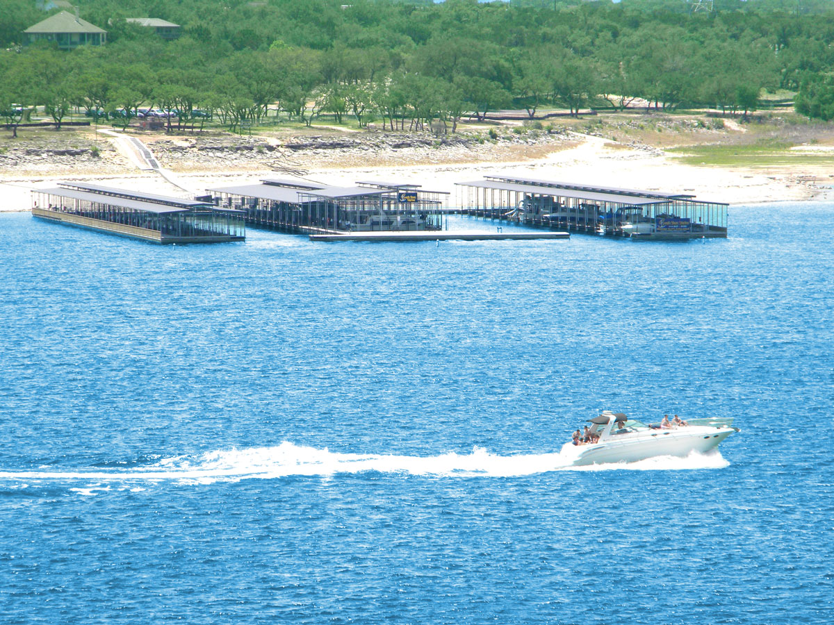 Marina and a boat on Lake Travis in Texas