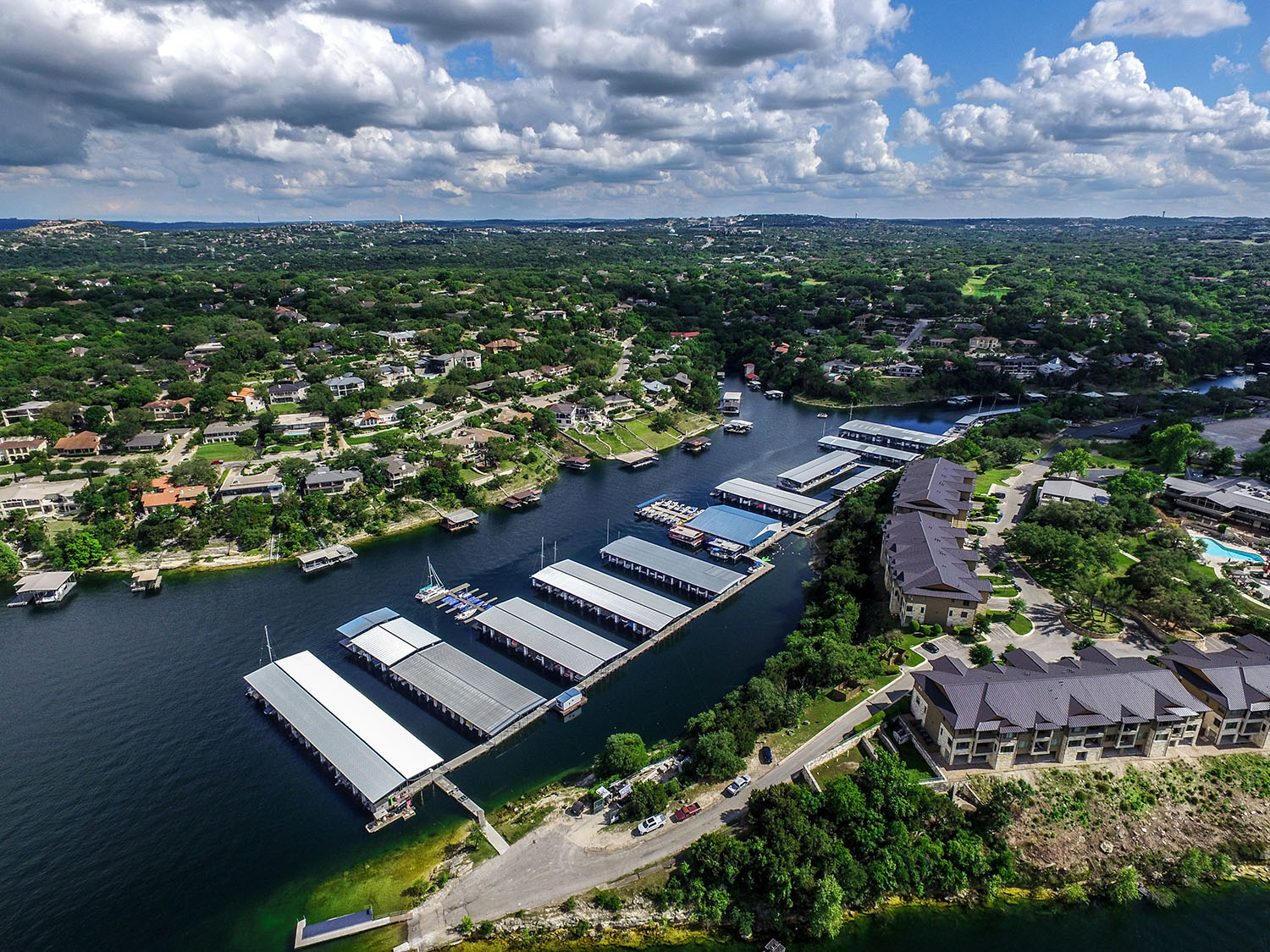 Overview of a marina on Lake Travis